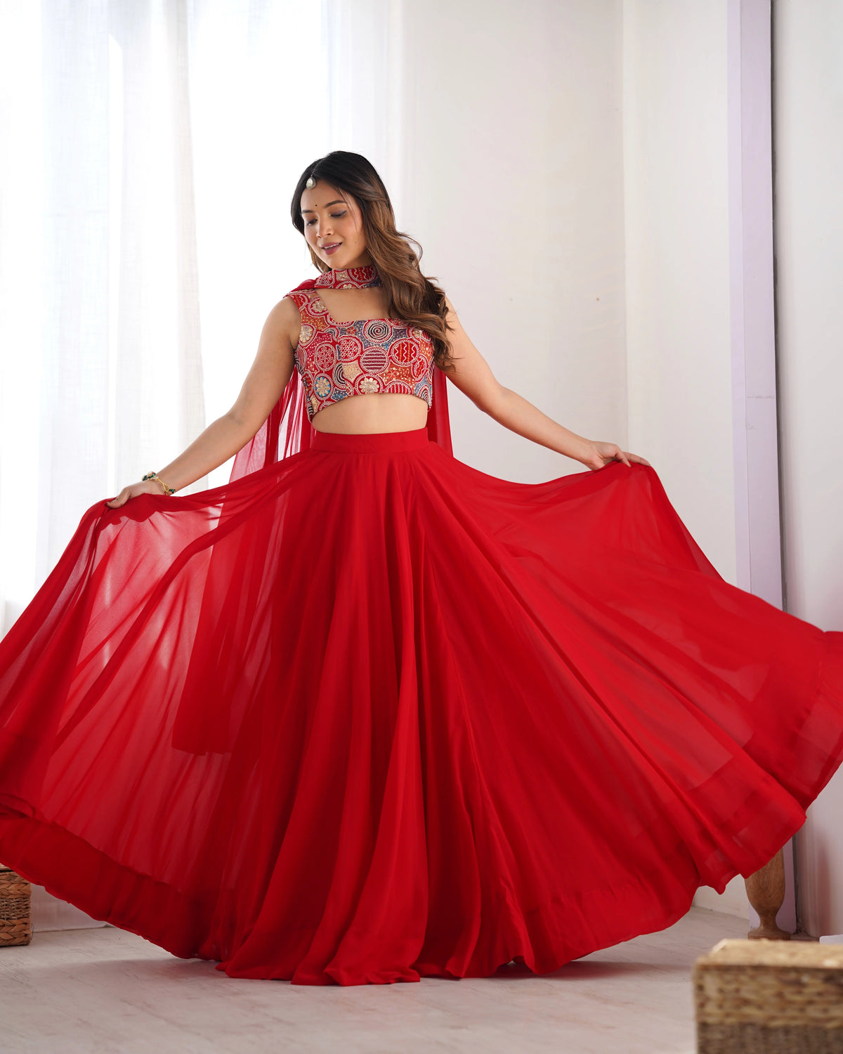 Red Embroidered Choli with Flowy Lehenga & Dupatta Set