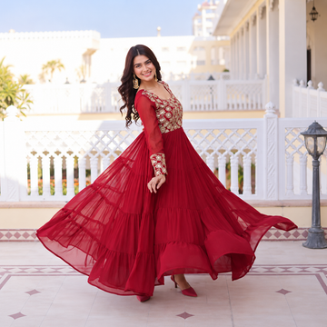Maroon & Purple Faux Georgette Dress Sequins Zari Gown with 12 Mtr Flair
