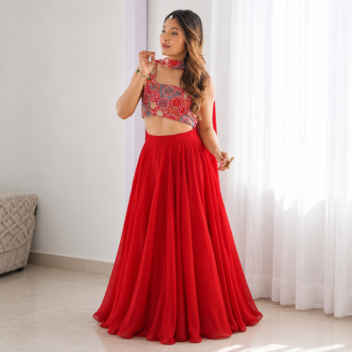 Red Embroidered Choli with Flowy Lehenga & Dupatta Set