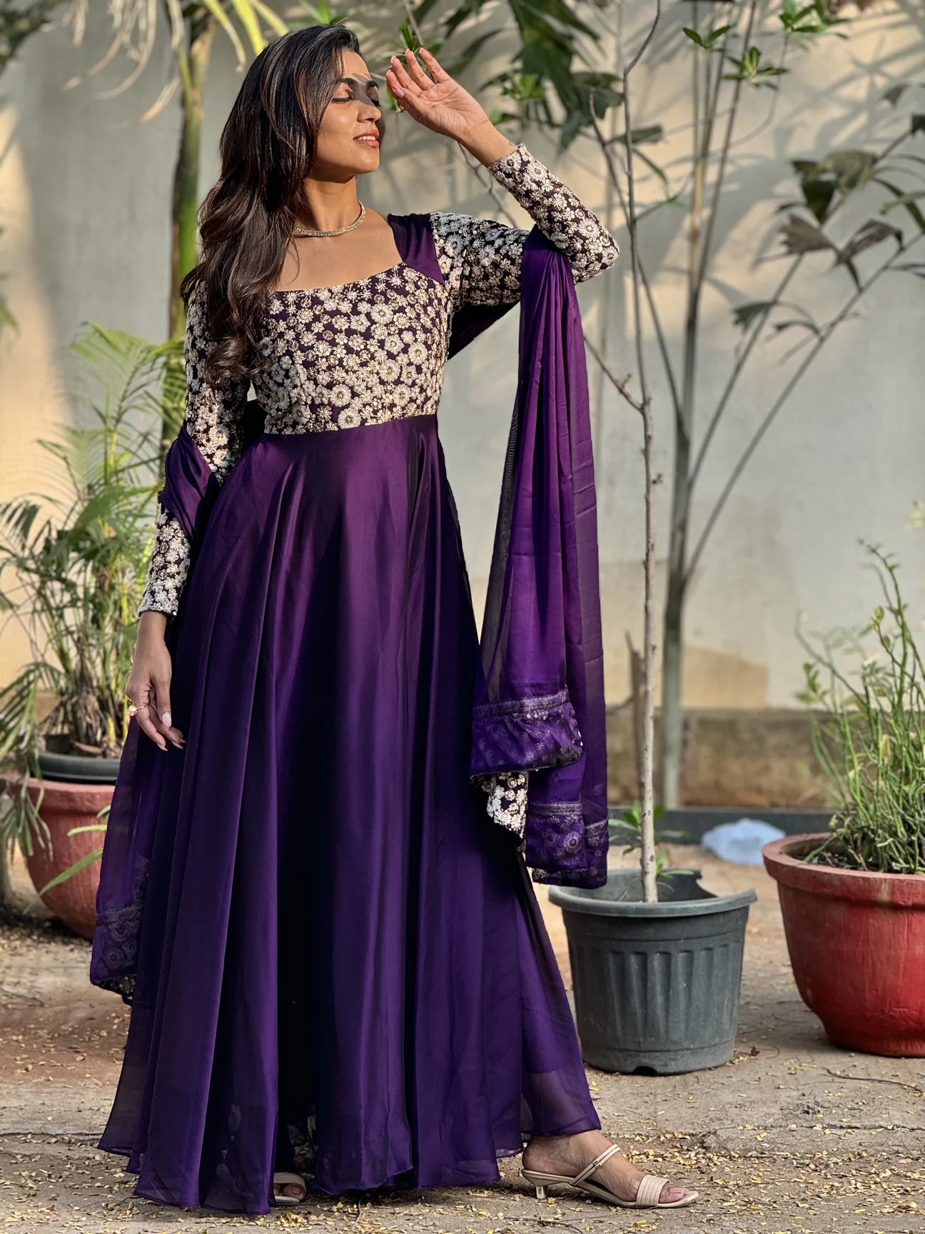 Women's Georgette Purple Embellished Ready to Wear With Blouse Piece