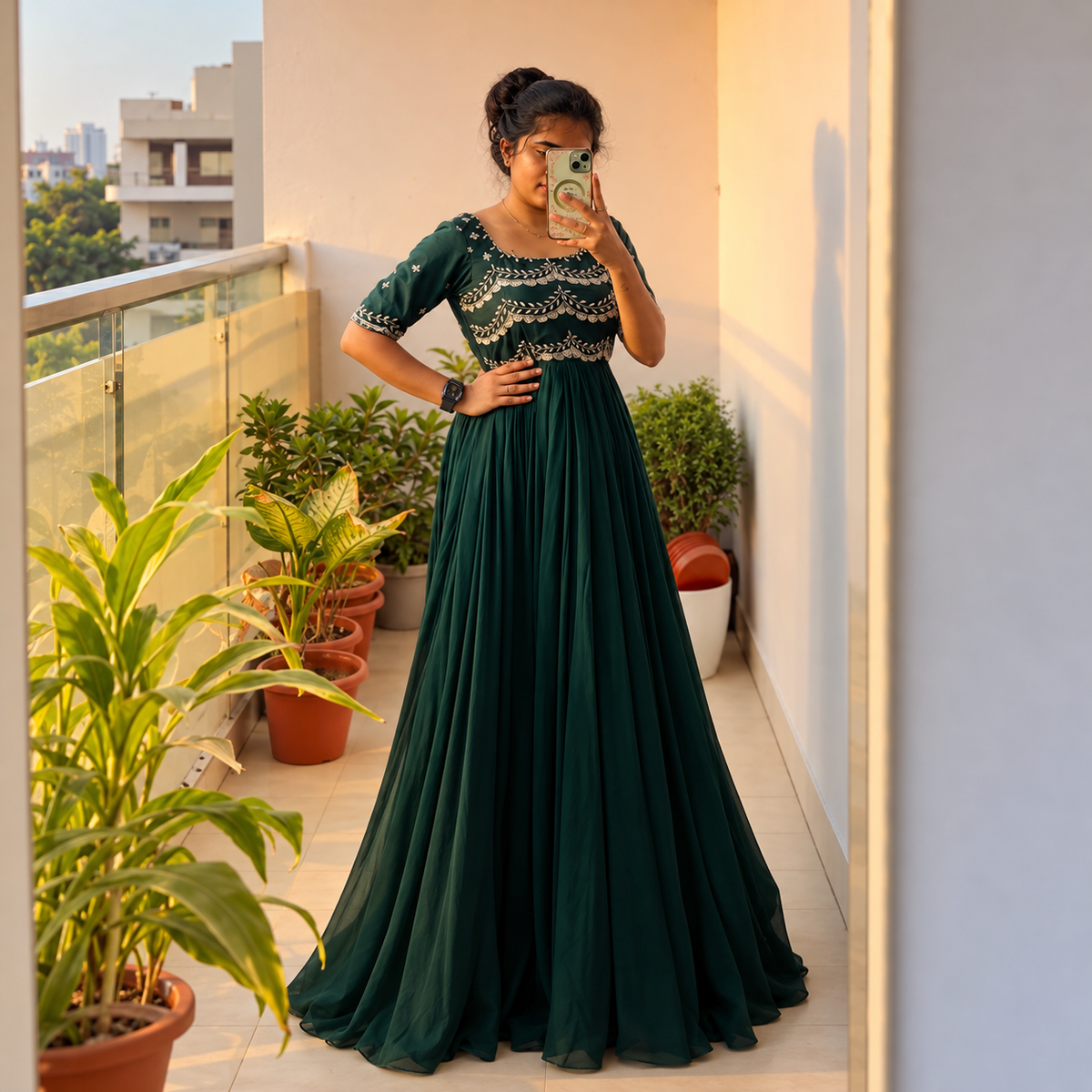 Embroidery Beautiful Silver Thread Work All Over the Yok Gown