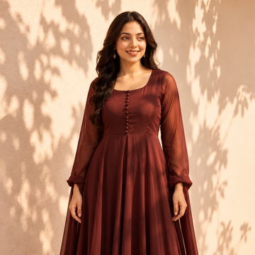 Women's Maroon Flowy Maxi Dress with Sheer Sleeves