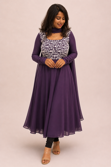Purple Georgette Anarkali Dress with Heavy Floral Handwork