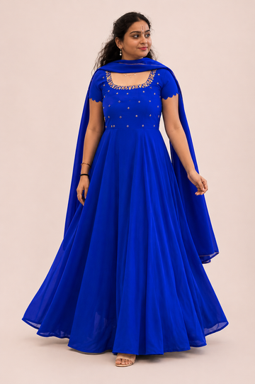 Blue Georgette Anarkali Dress with Handwork & Flowy Dupatta