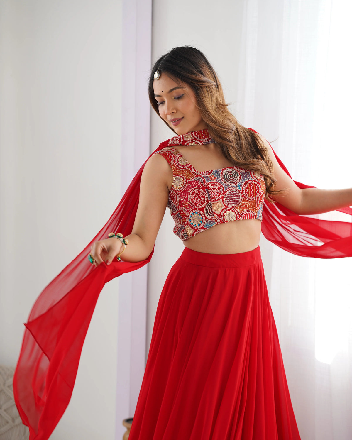 Red Embroidered Choli with Flowy Lehenga & Dupatta Set