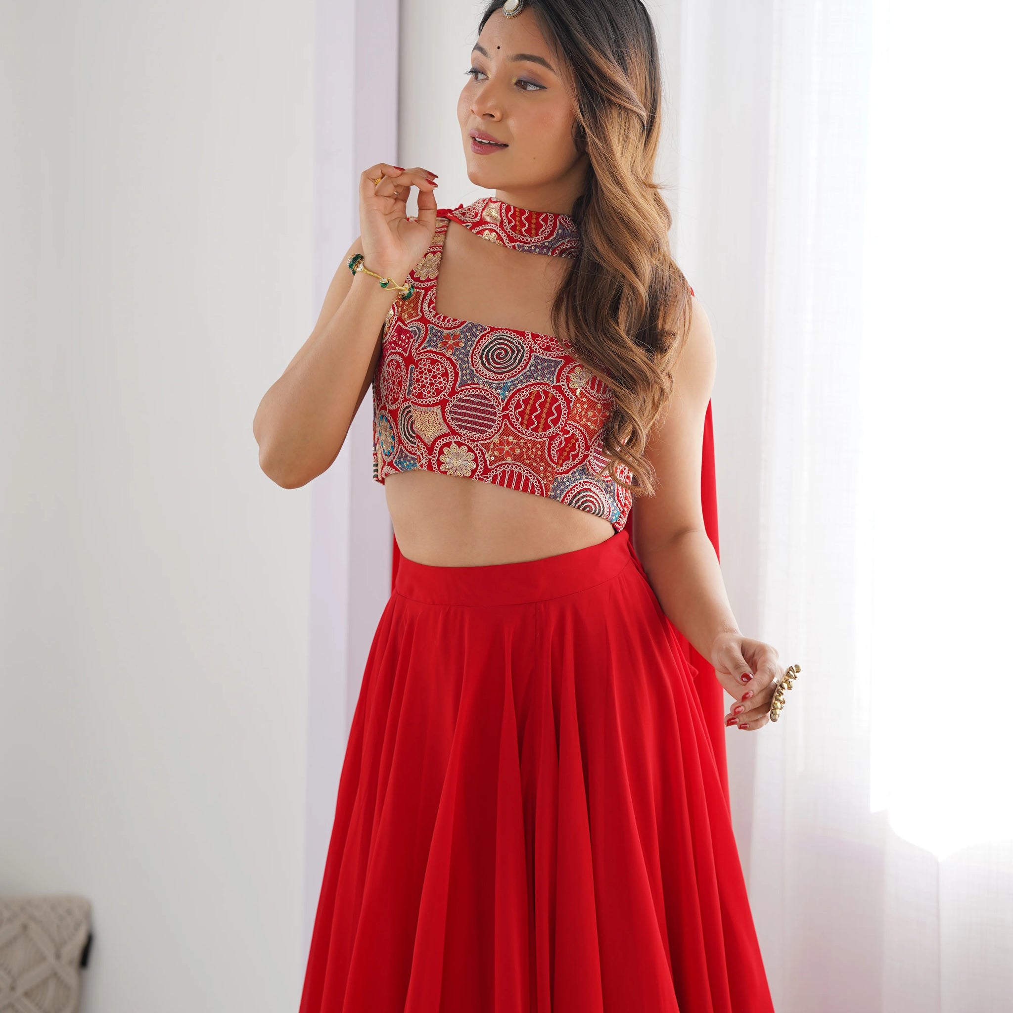 Red Embroidered Choli with Flowy Lehenga & Dupatta Set