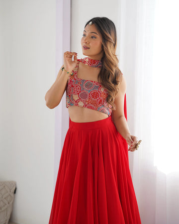 Red Embroidered Choli with Flowy Lehenga & Dupatta Set