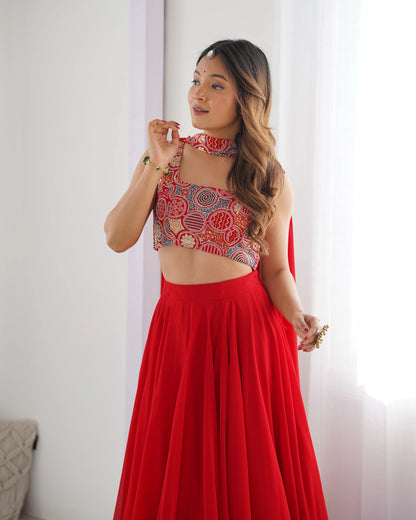 Red Embroidered Choli with Flowy Lehenga & Dupatta Set