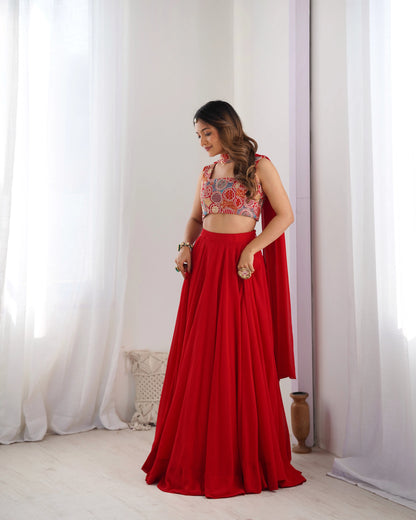 Red Embroidered Choli with Flowy Lehenga & Dupatta Set