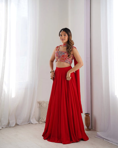 Red Embroidered Choli with Flowy Lehenga & Dupatta Set