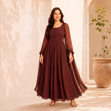 Women's Maroon Flowy Maxi Dress with Sheer Sleeves