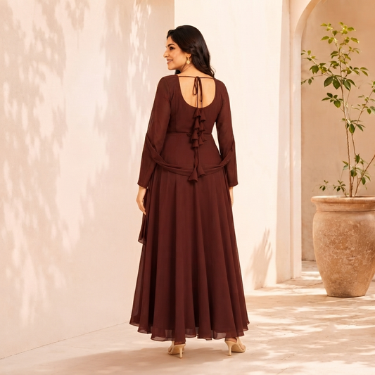 Women's Maroon Flowy Maxi Dress with Sheer Sleeves