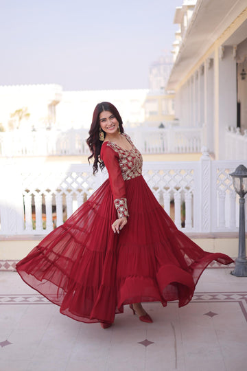 Maroon & Purple Faux Georgette Dress Sequins Zari Gown with 12 Mtr Flair